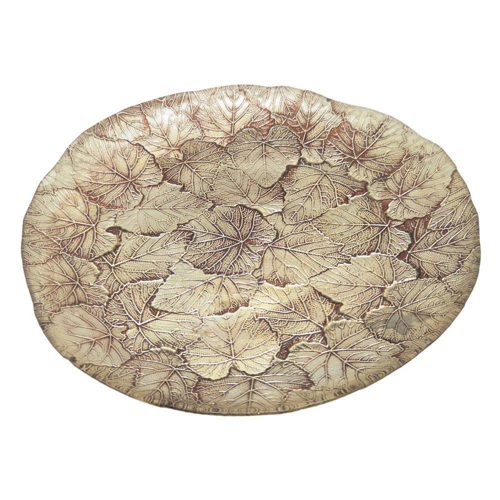 Vintage Gold Bronze Glass Leaf Platter 11" Textured Decorative Centerpiece Plate